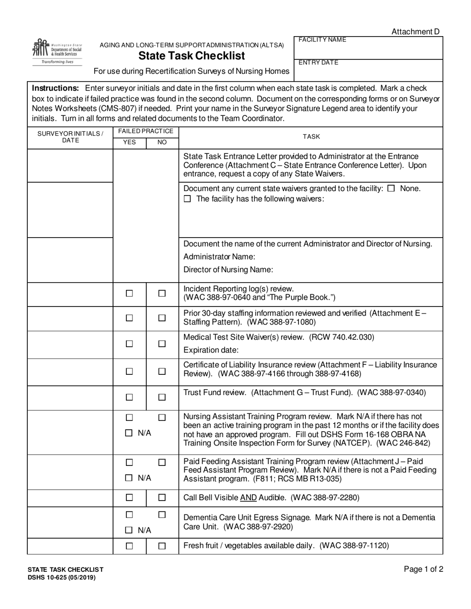 DSHS Form 10-625 State Task Checklist - Washington, Page 1