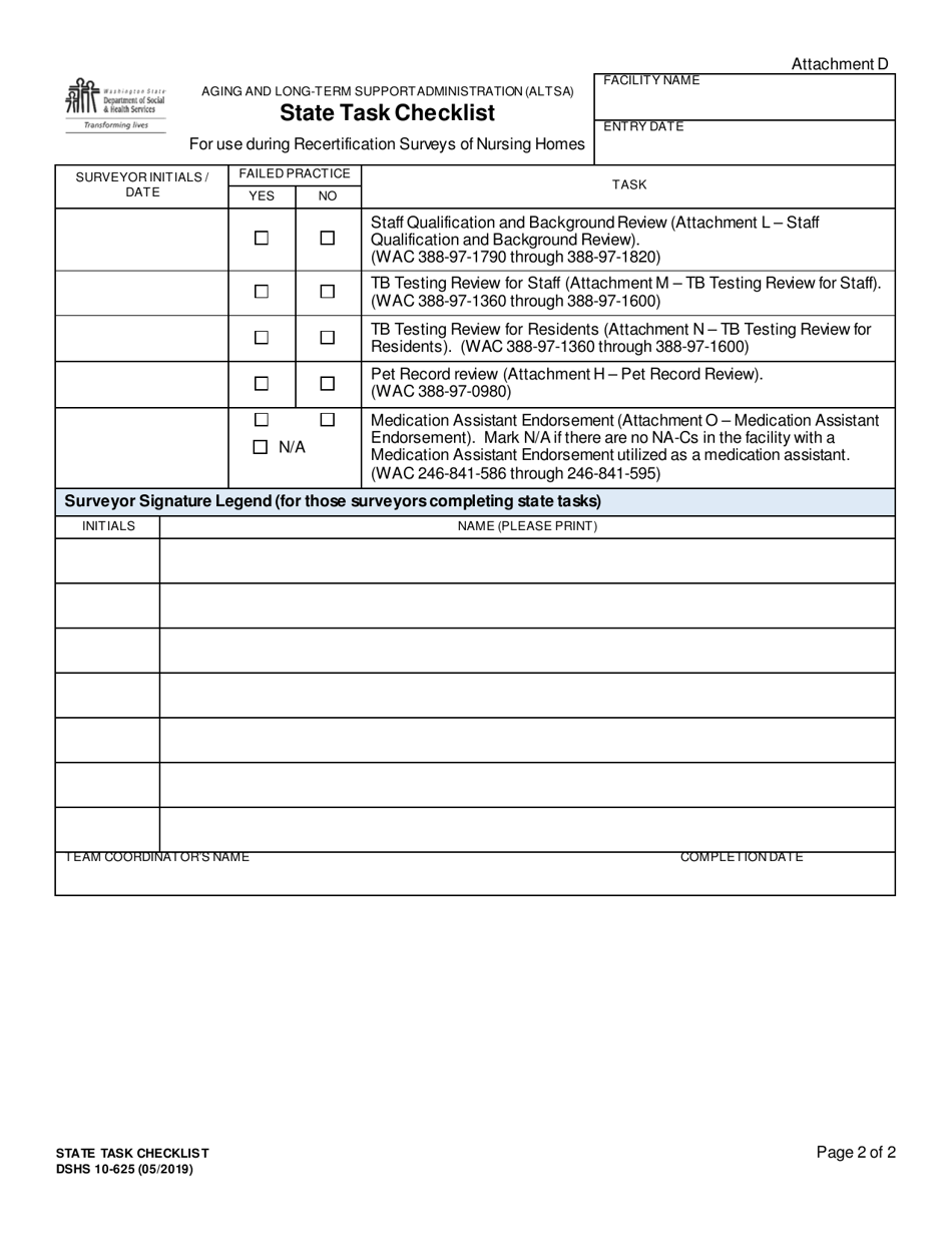 DSHS Form 10-625 State Task Checklist - Washington, Page 2