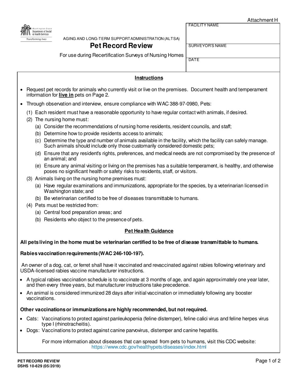DSHS Form 10-629 Pet Record Review - Washington, Page 1