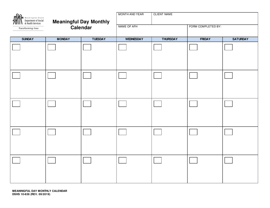 DSHS Form 10-636 Meaningful Day Monthly Calendar - Washington, Page 1