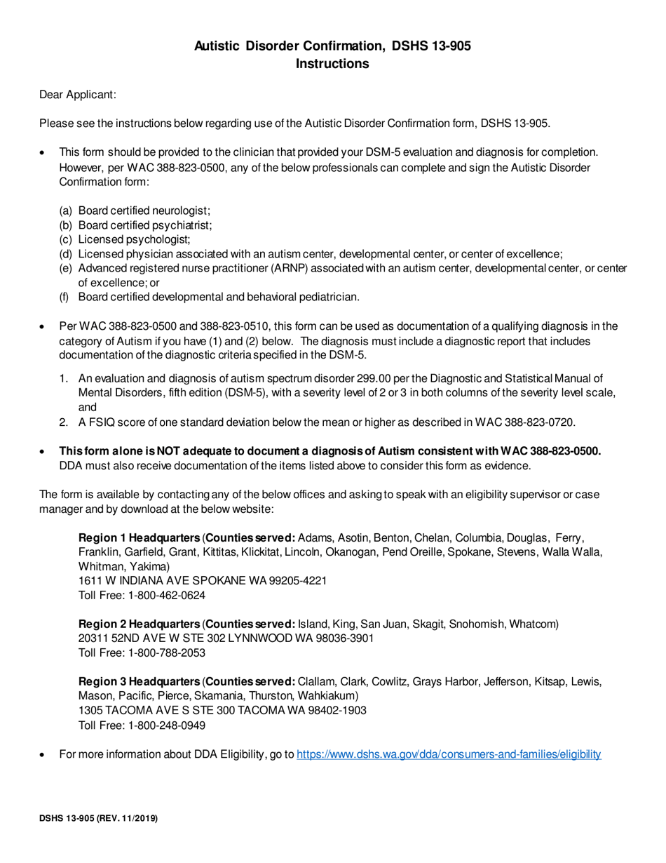 DSHS Form 13-905 Autistic Disorder Confirmation - Washington, Page 1