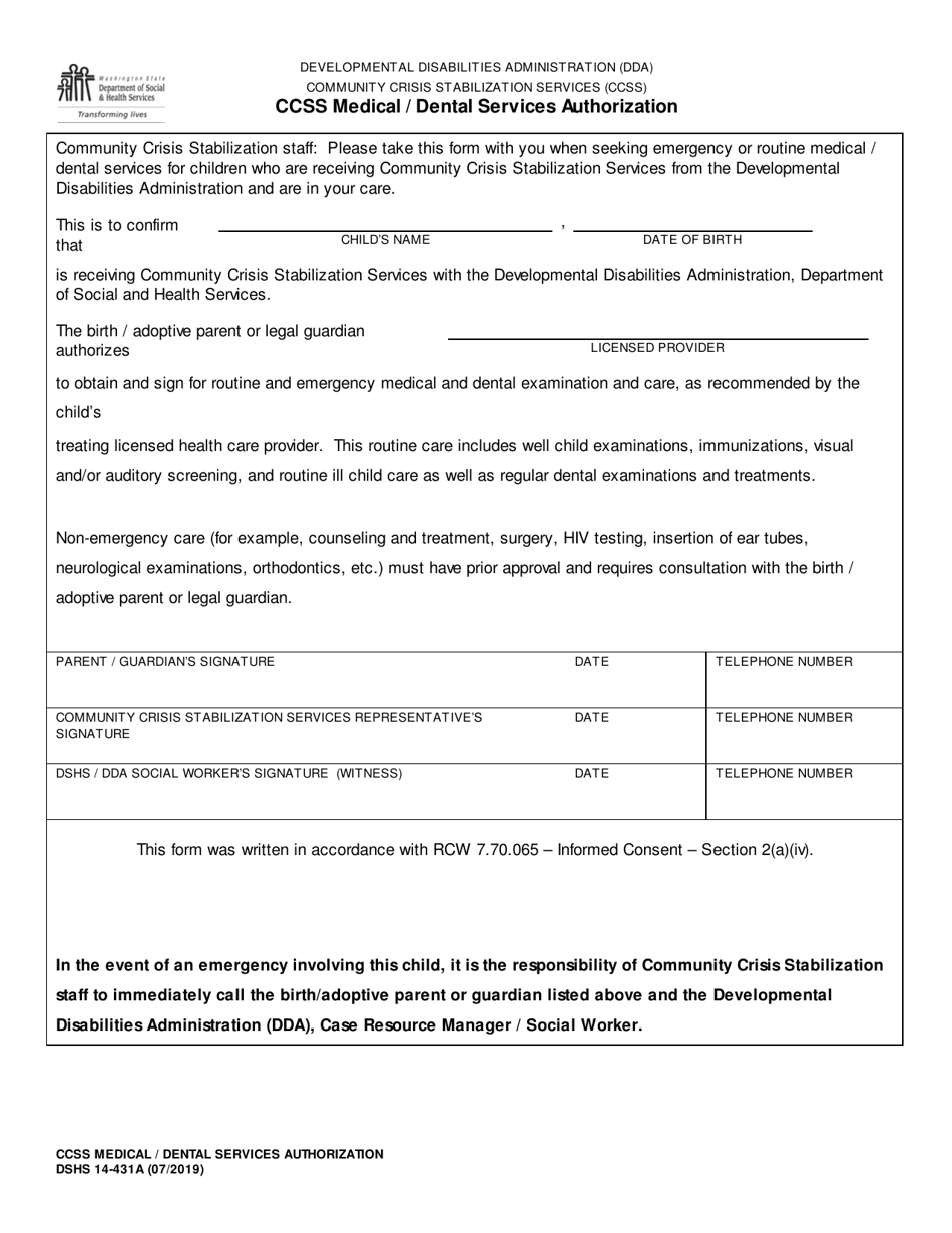 DSHS Form 14-431A Ccss Medical / Dental Services Authorization - Washington, Page 1