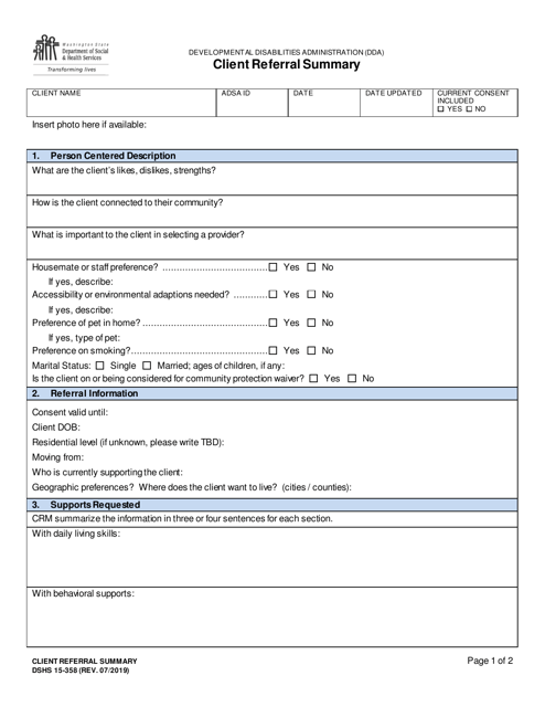 DSHS Form 15-358  Printable Pdf