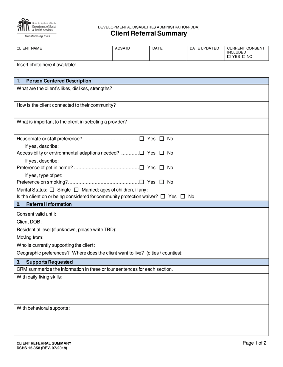 DSHS Form 15-358 Client Referral Summary - Washington, Page 1
