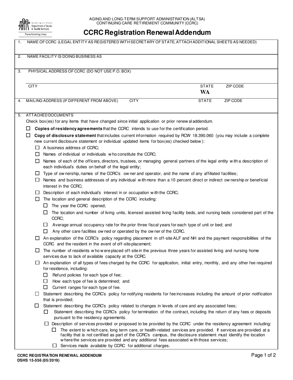 DSHS Form 15-556 Continuing Care Retirement Community (Ccrc) Registration Renewal Addendum - Washington, Page 1