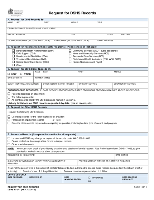 DSHS Form 17-041 Request for Dshs Records - Washington