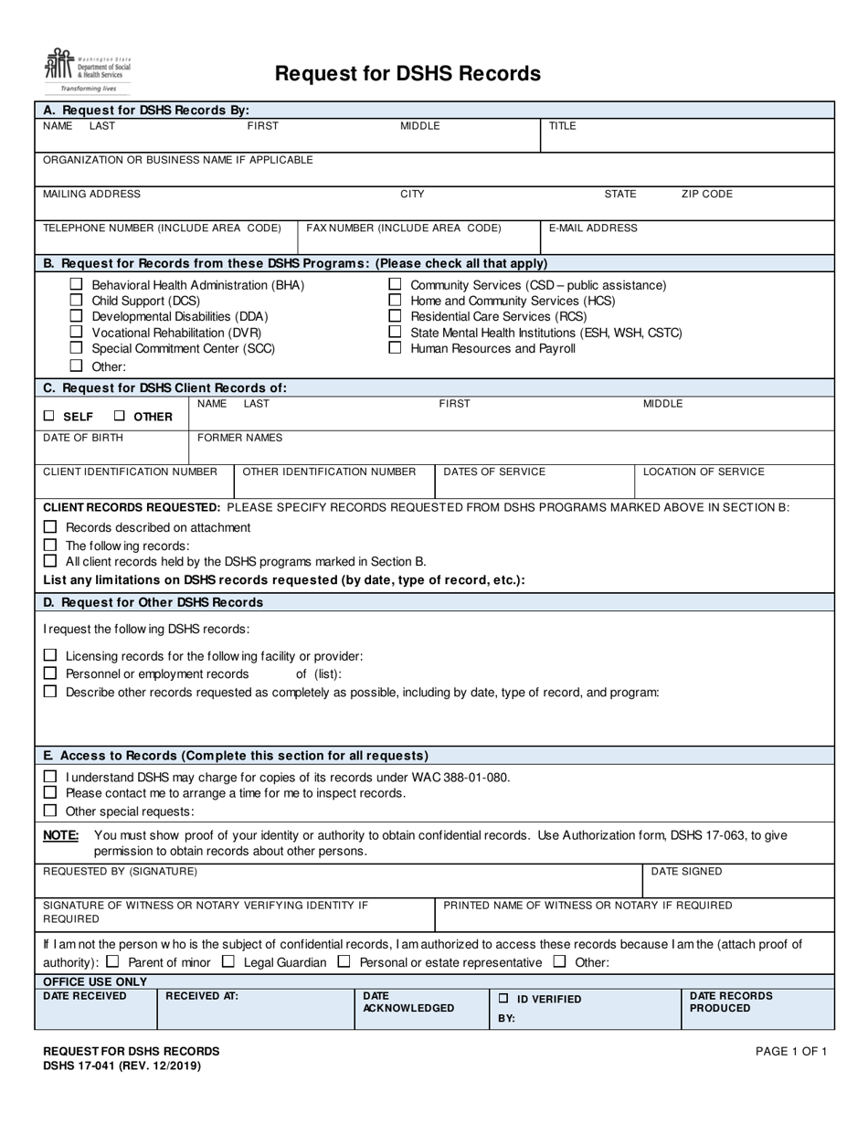 DSHS Form 17-041 Request for Dshs Records - Washington, Page 1