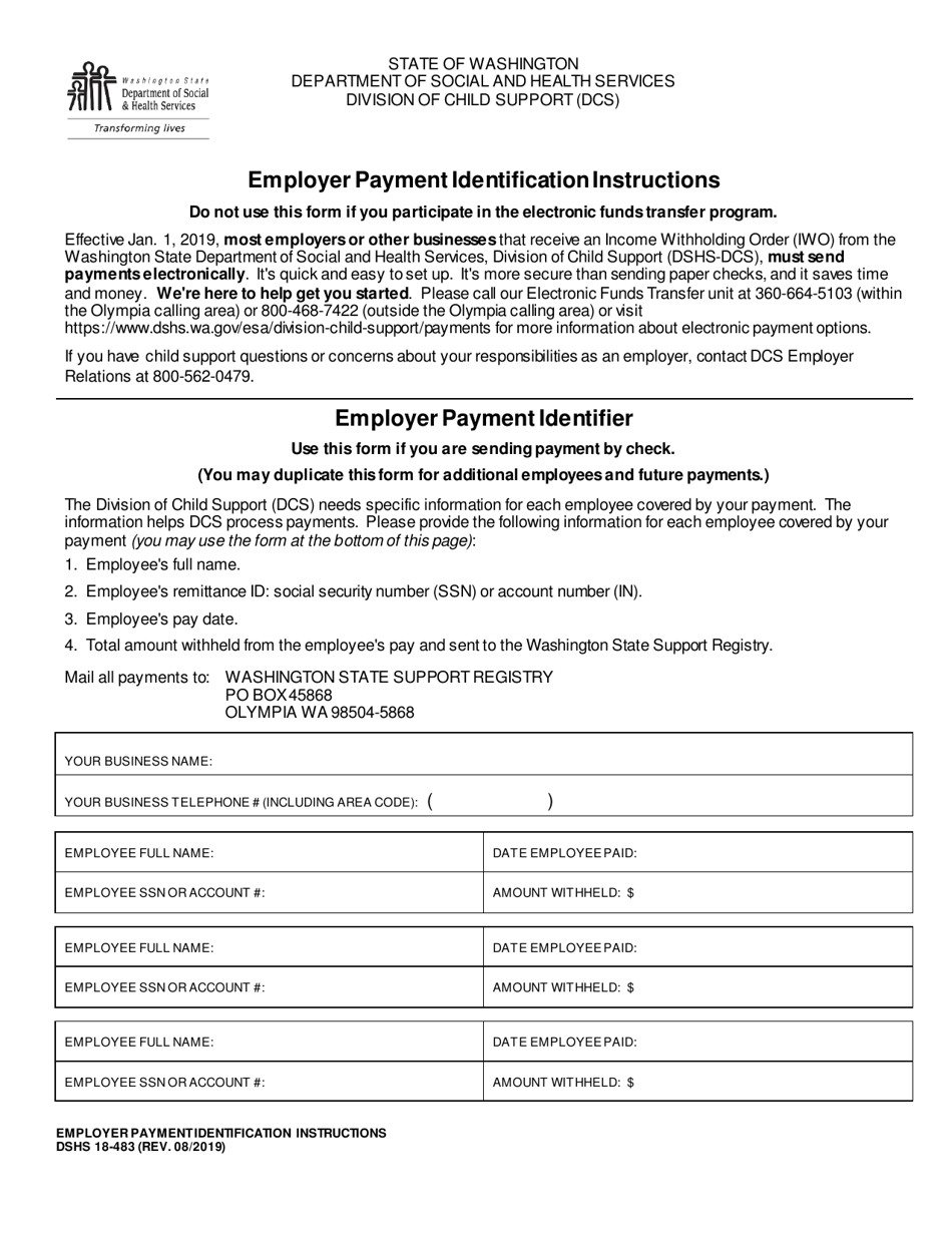 DSHS Form 18-483 Employer Payment Identifier - Washington, Page 1