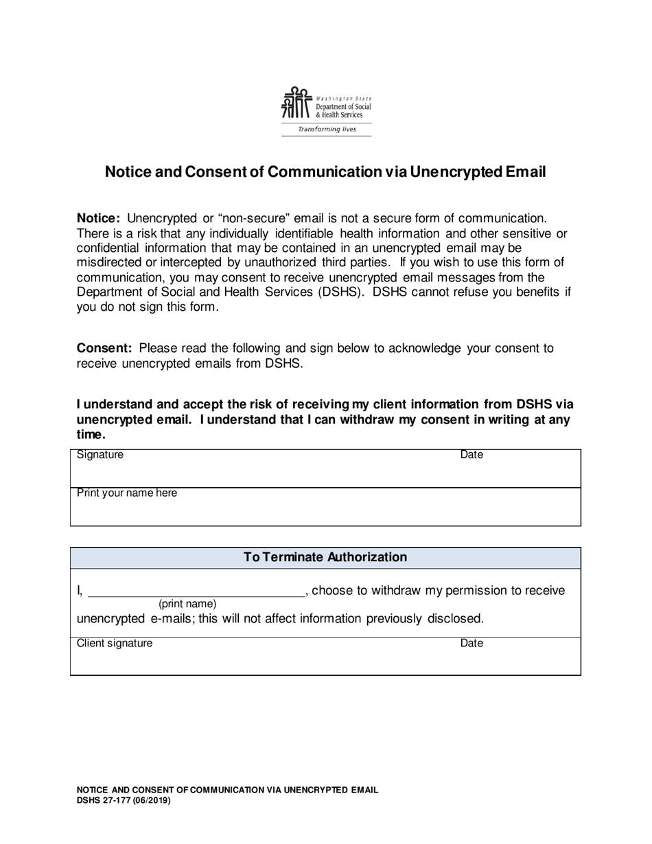 DSHS Form 27-177 Notice and Consent of Communication via Unencrypted Email - Washington, Page 1