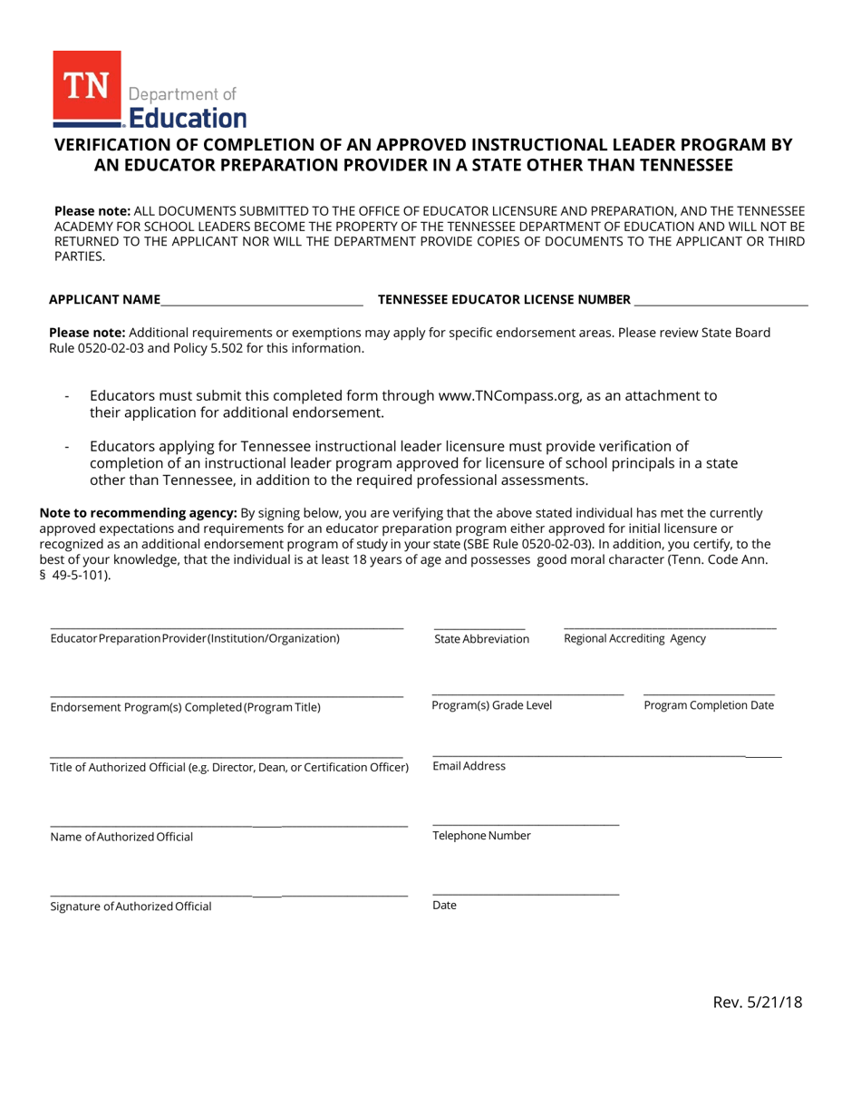 Verification of Completion of an Approved Instructional Leader Program by an Educator Preparation Provider in a State Other Than Tennessee - Tennessee, Page 1