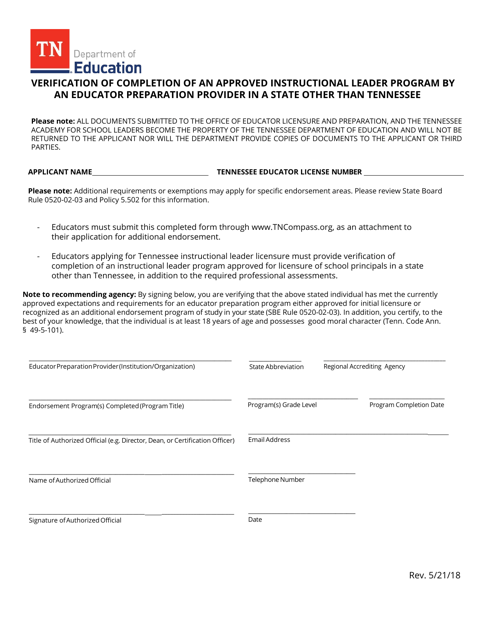 Verification of Completion of an Approved Instructional Leader Program by an Educator Preparation Provider in a State Other Than Tennessee - Tennessee Download Pdf
