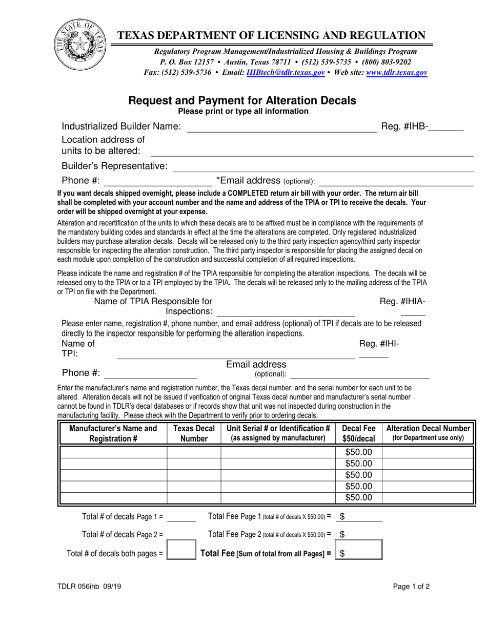 Form IHB056 Request and Payment for Alteration Decals - Texas, Page 1