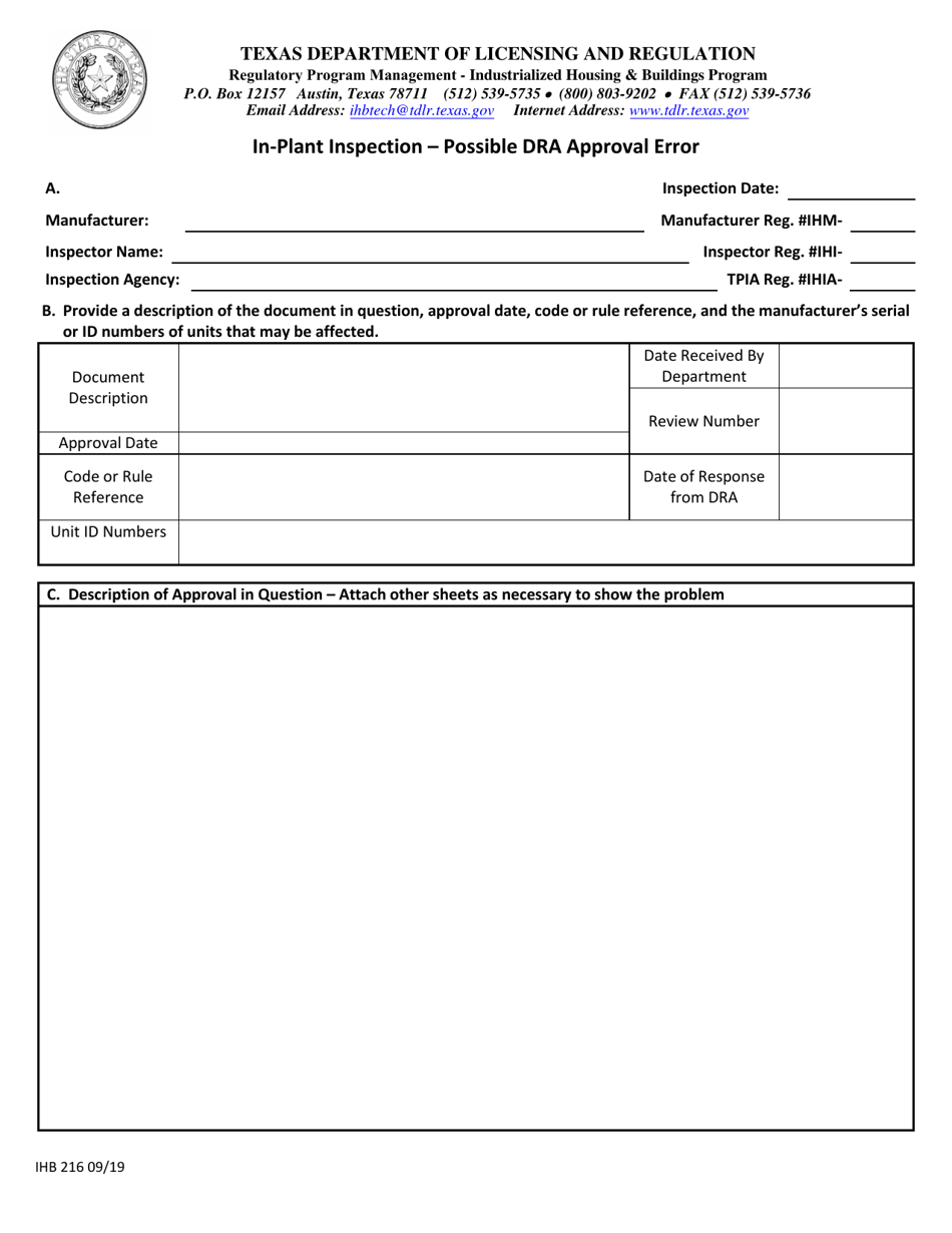 Form IHB216 Possible Dra Approval Error - Texas, Page 1