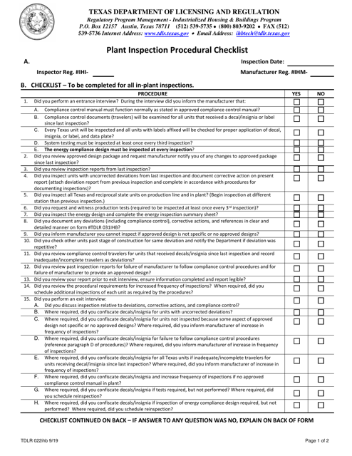 Form IHB022 Plant Inspection Procedural Checklist - Texas
