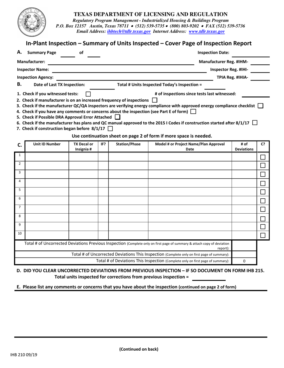 Form IHB210 Inspection Record Summary - Texas, Page 1