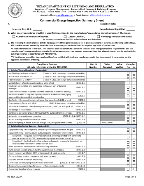 Form IHB212C Commercial Energy Inspection Summary Sheet - Texas