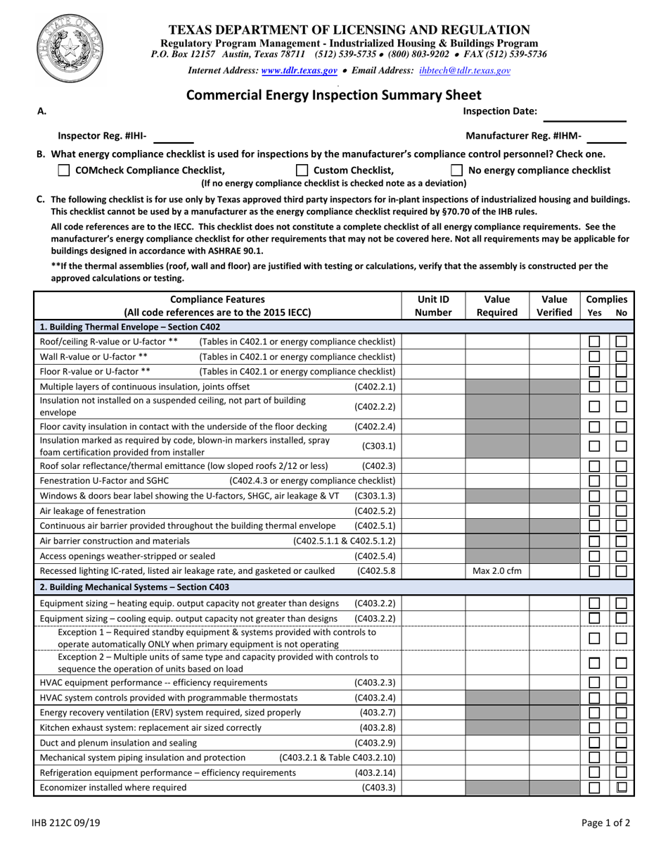 Form IHB212C Commercial Energy Inspection Summary Sheet - Texas, Page 1