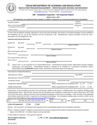 Form IHB231 &quot;Installation Inspection - Set Inspection Report&quot; - Texas