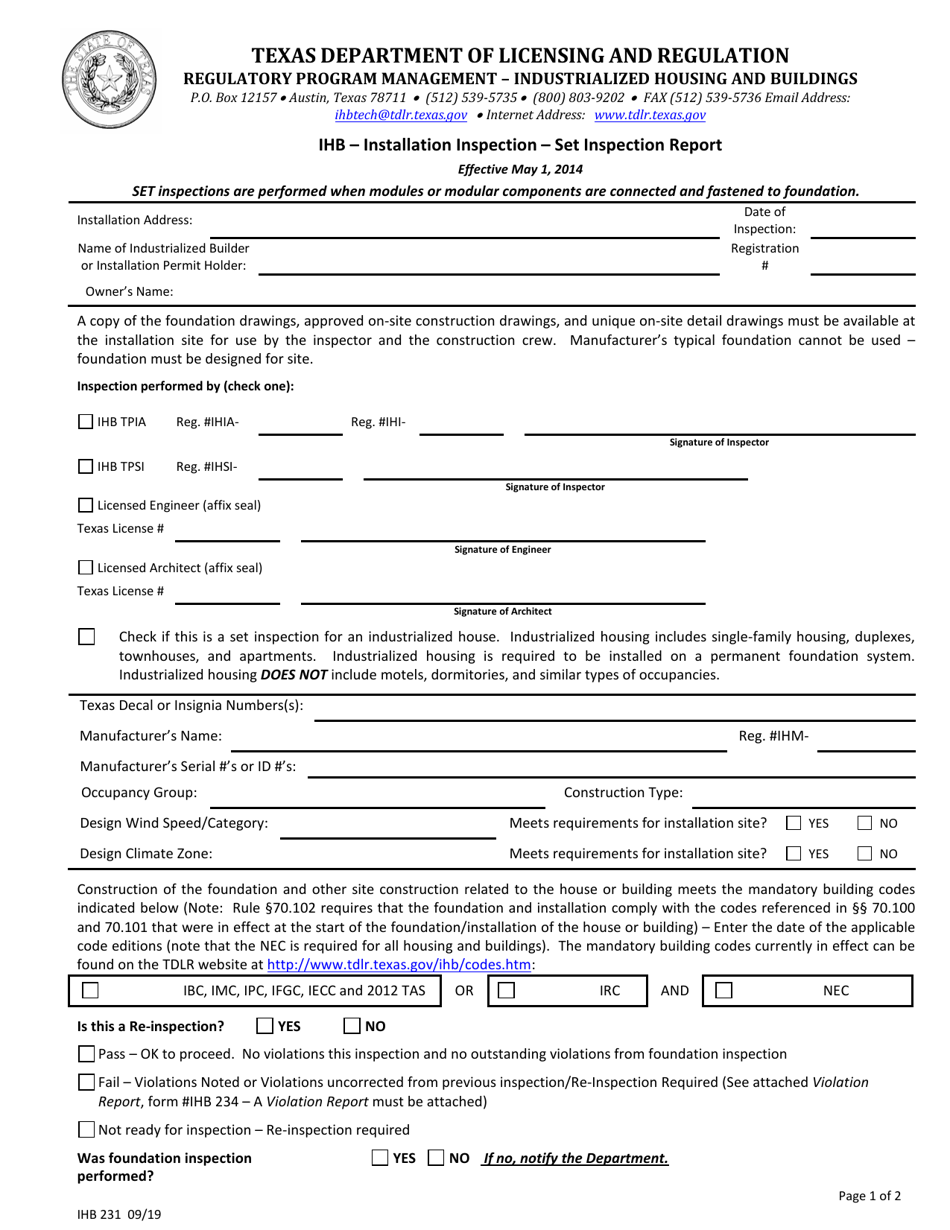 Form IHB231 - Fill Out, Sign Online and Download Fillable PDF, Texas ...