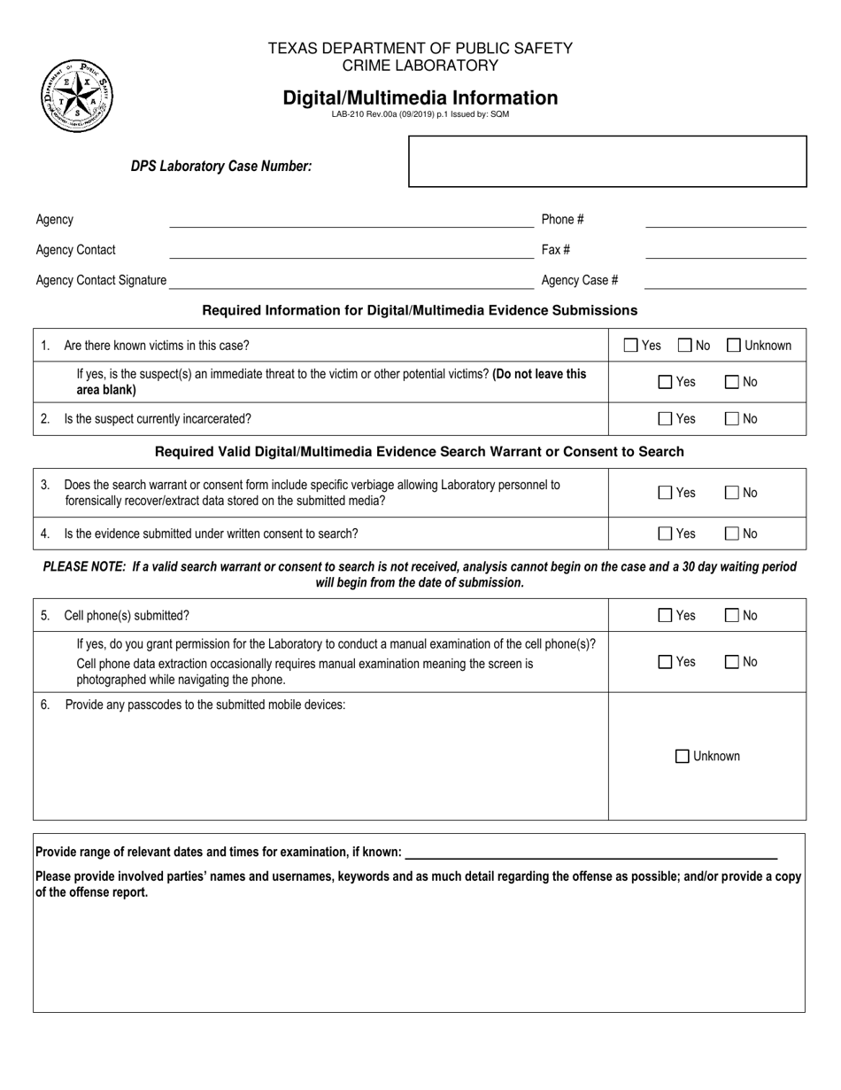 Form LAB-210 Digital / Multimedia Information - Texas, Page 1