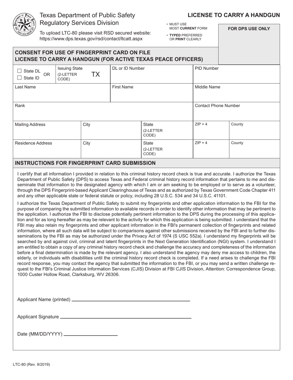 Form LTC-80 Consent for Use of Fingerprints (Active Peace Officers) - Texas, Page 1