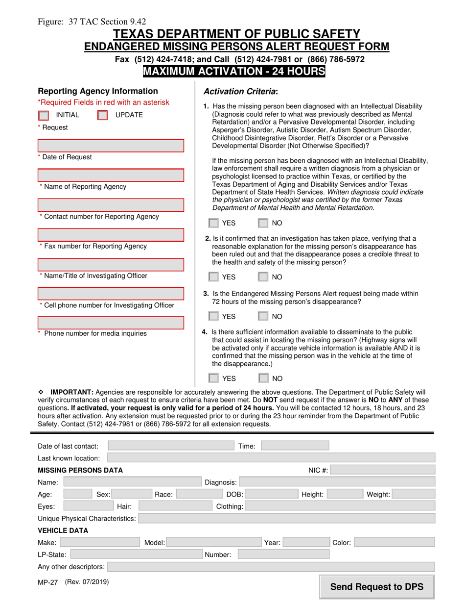 Form MP-27 Endangered Missing Persons Alert Request Form - Texas, Page 1