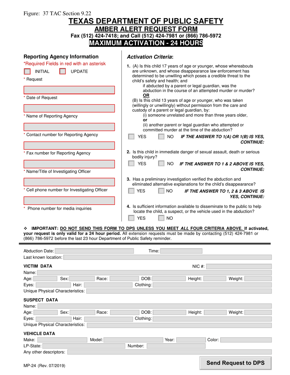 Form MP-24 Amber Alert Request Form - Texas, Page 1
