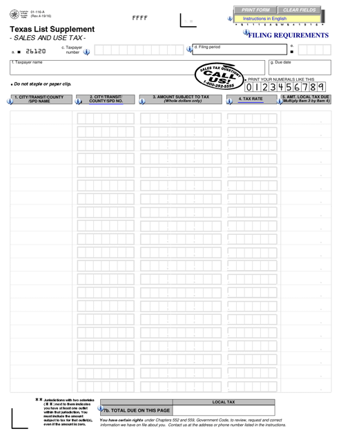 Form 01-116-A  Printable Pdf