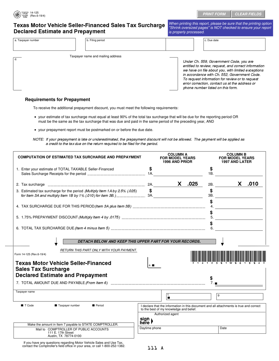 Form 14-125 Texas Motor Vehicle Seller-Financed Sales Tax Surcharge Declared Estimate and Prepayment - Texas, Page 1