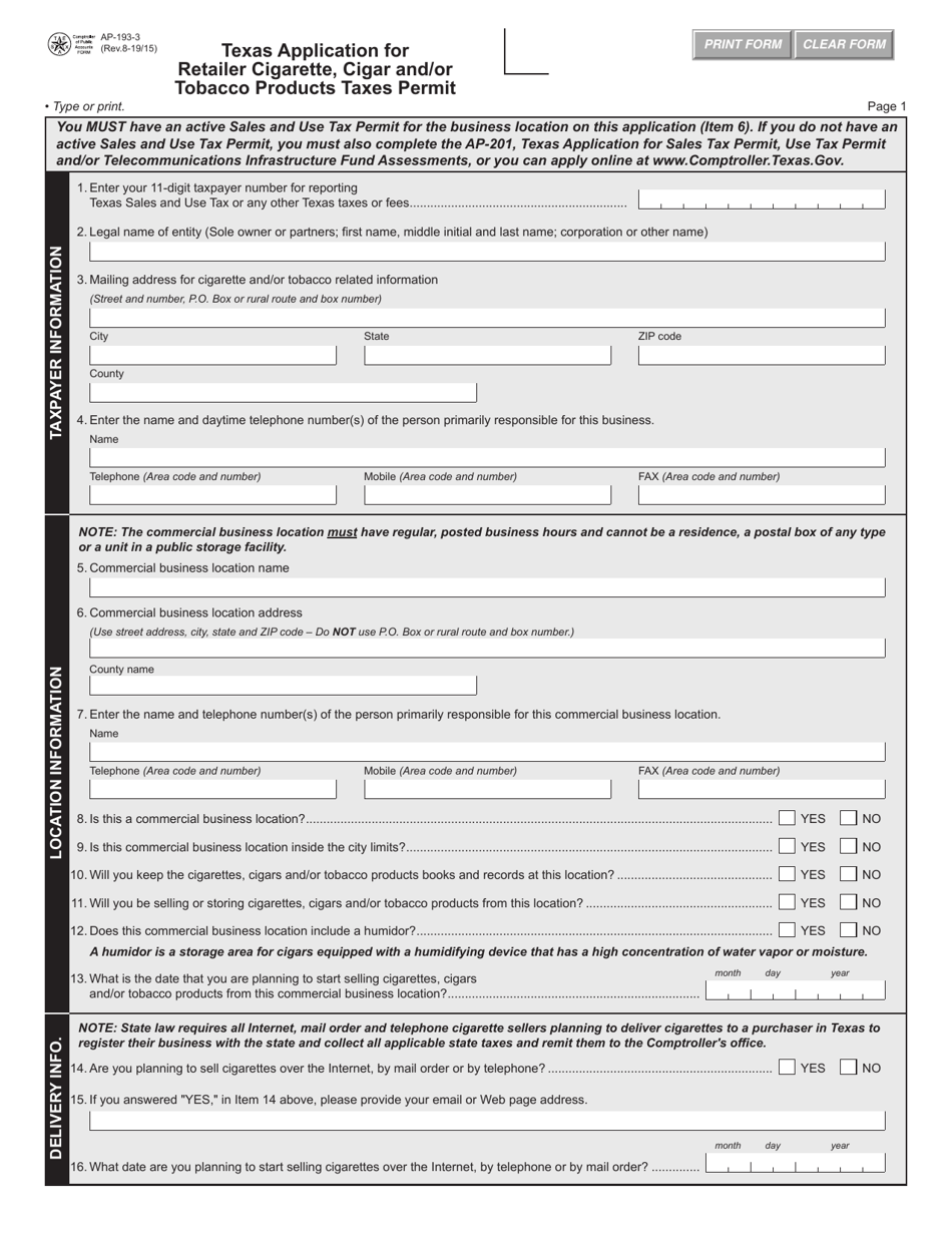 Form AP-193 Texas Application for Retailer Cigarette, Cigar, and / or Tobacco Products Taxes Permit - Texas, Page 3