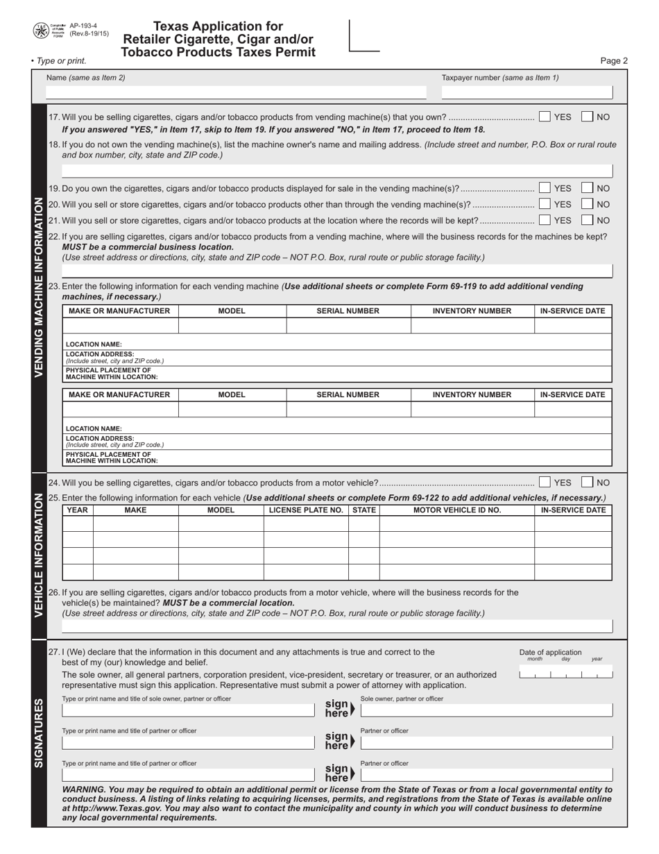 Form AP-193 Texas Application for Retailer Cigarette, Cigar, and / or Tobacco Products Taxes Permit - Texas, Page 4