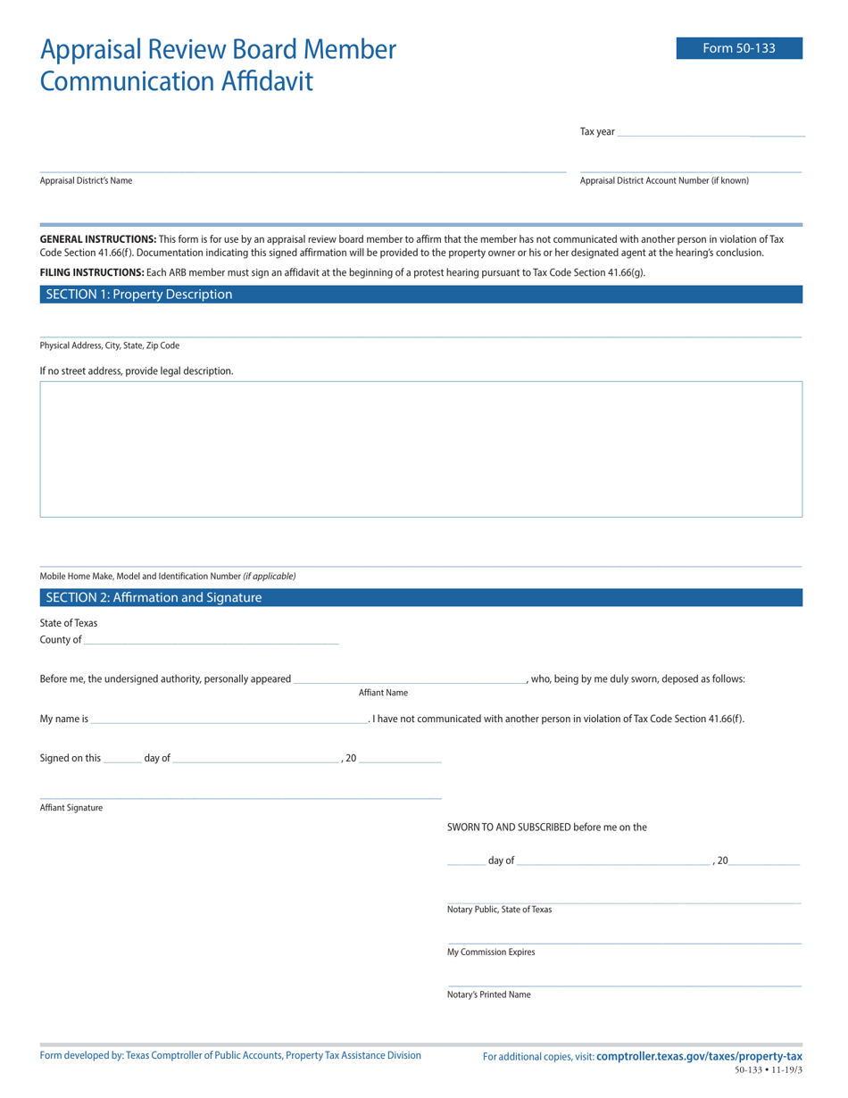 Form 50-133 Appraisal Review Board Member Communication Affidavit - Texas, Page 1
