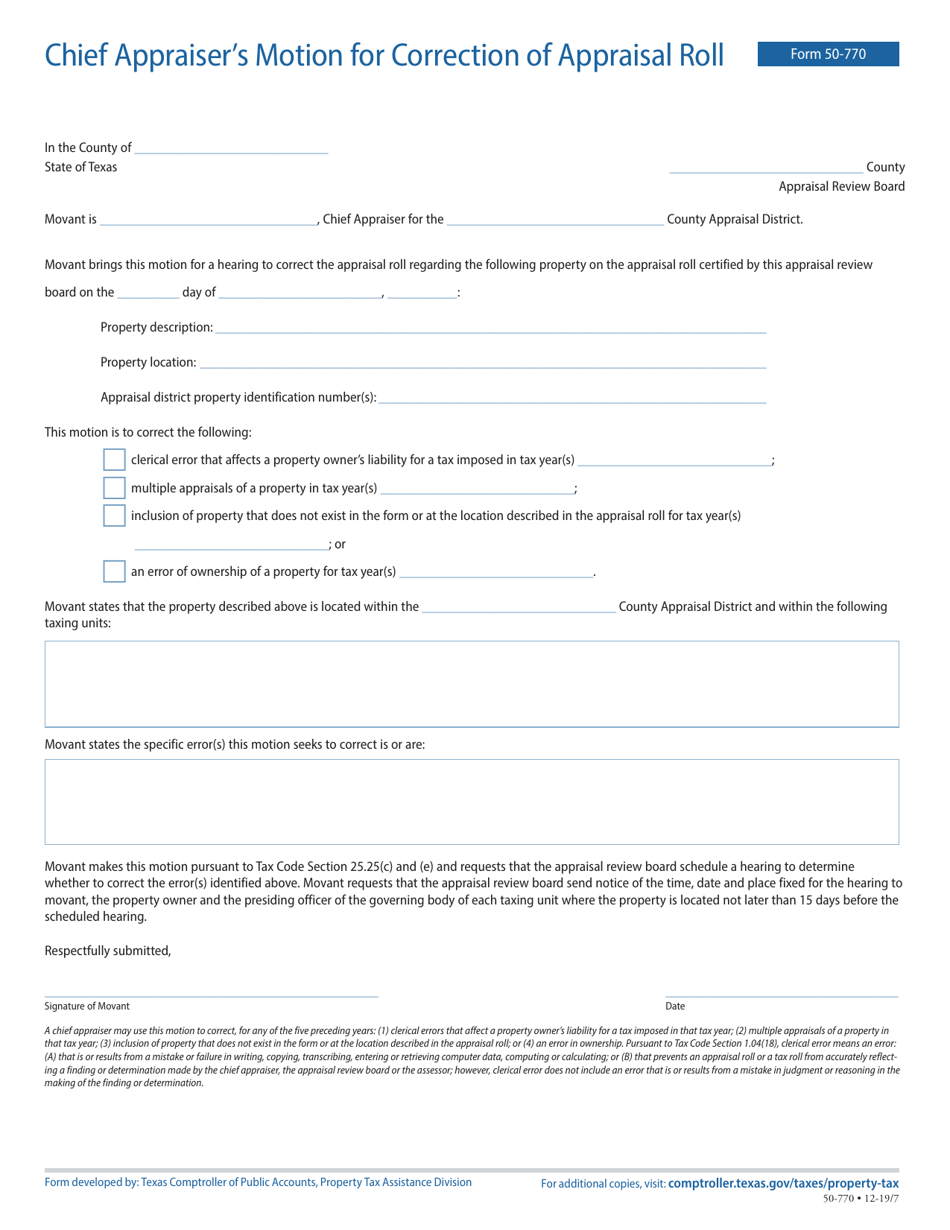 Form 50-770 Chief Appraiser's Motion for Correction of Appraisal Roll - Texas, Page 1