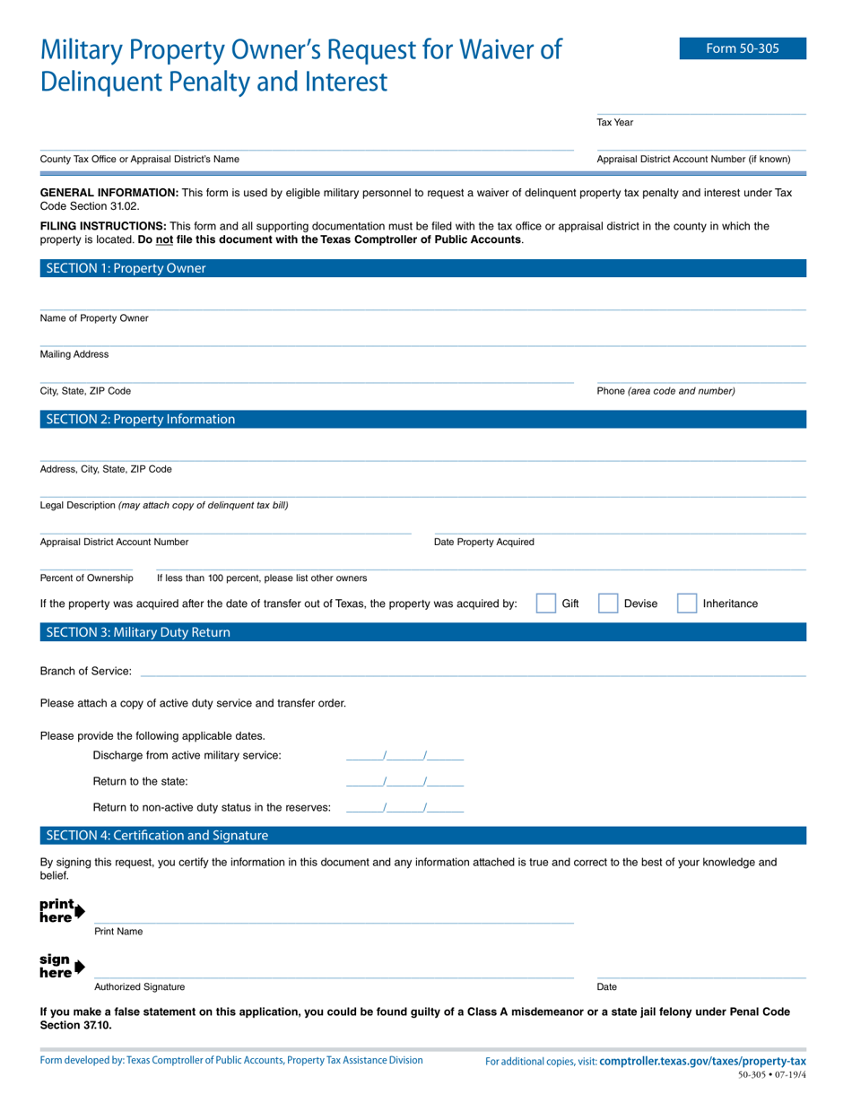 Form 50-305 Military Property Owners Request for Waiver of Delinquent Penalty and Interest - Texas, Page 1