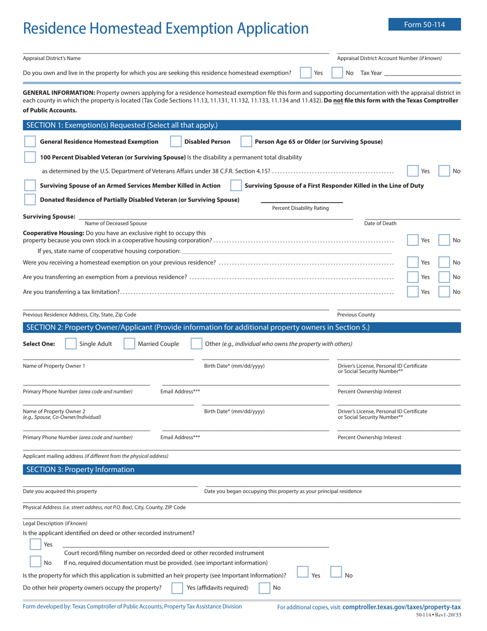 Form 50-114 Residence Homestead Exemption Application - Texas, Page 1
