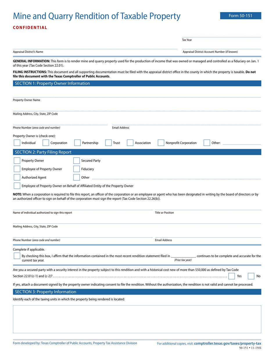 Form 50-151 Mine and Quarry Rendition of Taxable Property - Texas, Page 1