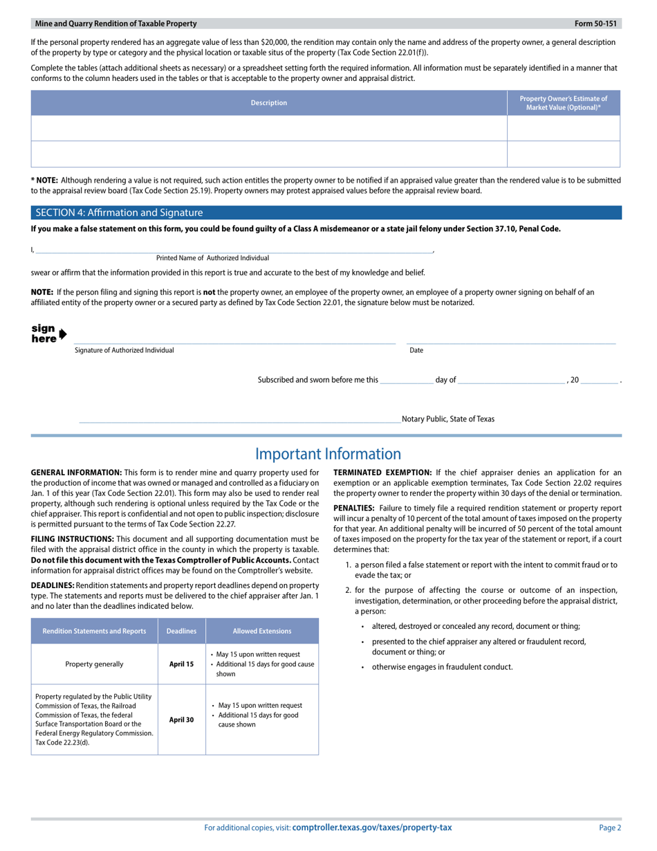 Form 50-151 Mine and Quarry Rendition of Taxable Property - Texas, Page 2