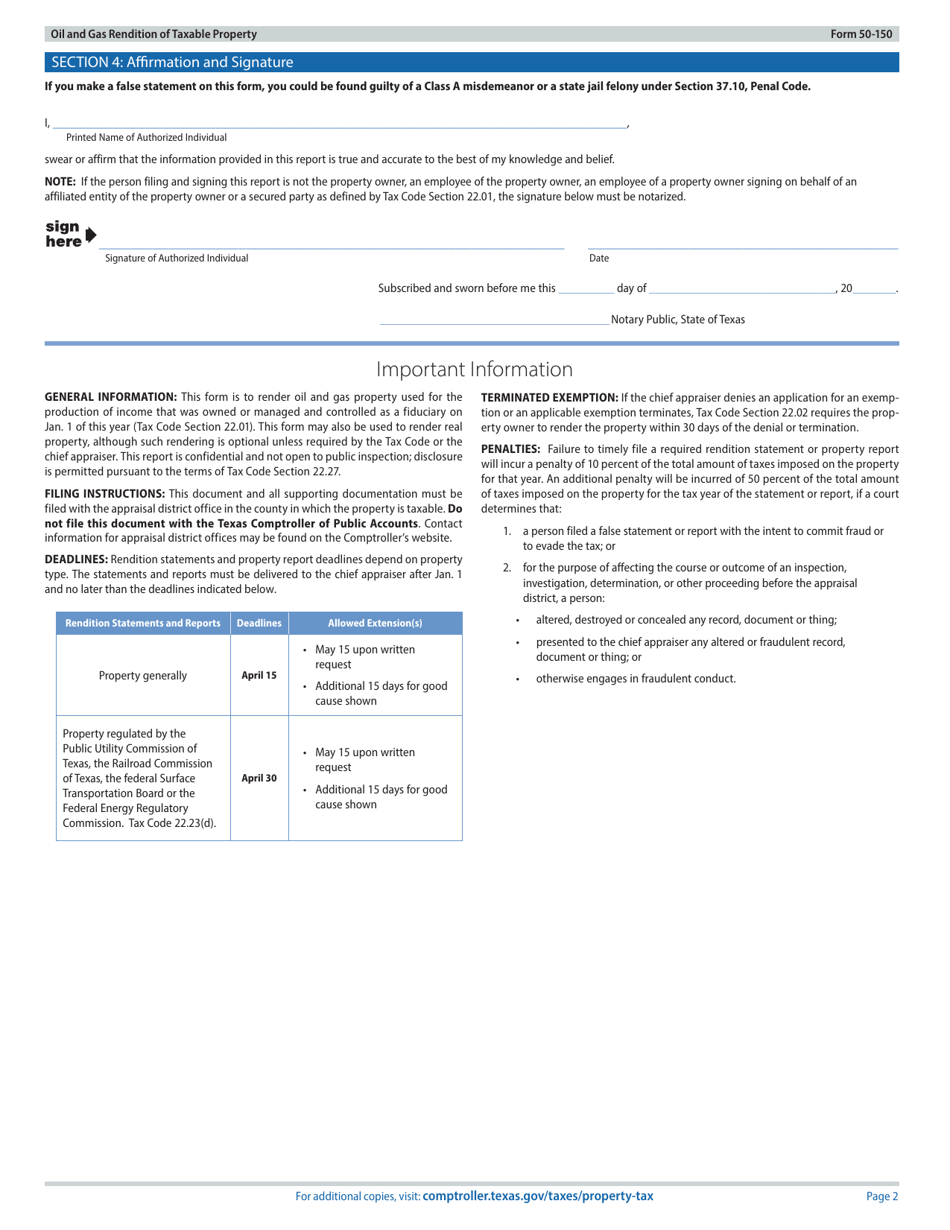 Form 50-150 Oil and Gas Rendition of Taxable Property - Texas, Page 2