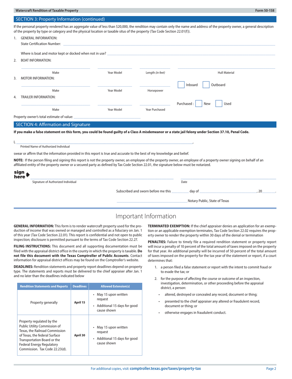Form 50-158 Watercraft Rendition of Taxable Property - Texas, Page 2