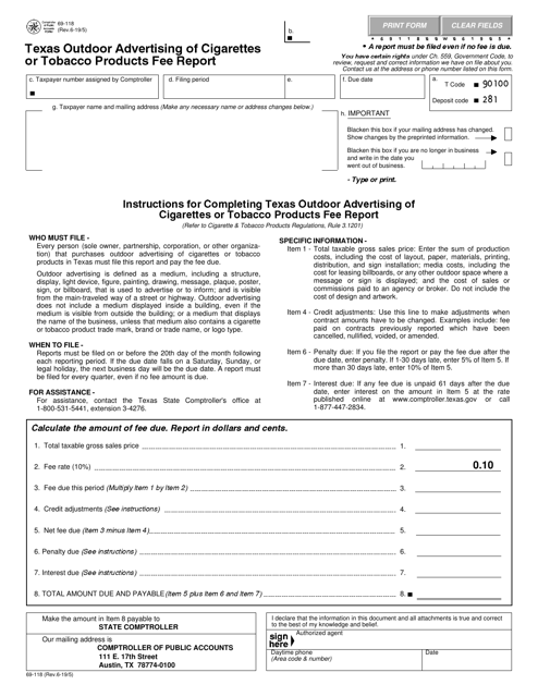 Form 69-118 Texas Outdoor Advertising of Cigarettes or Tobacco Products Fee Report - Texas