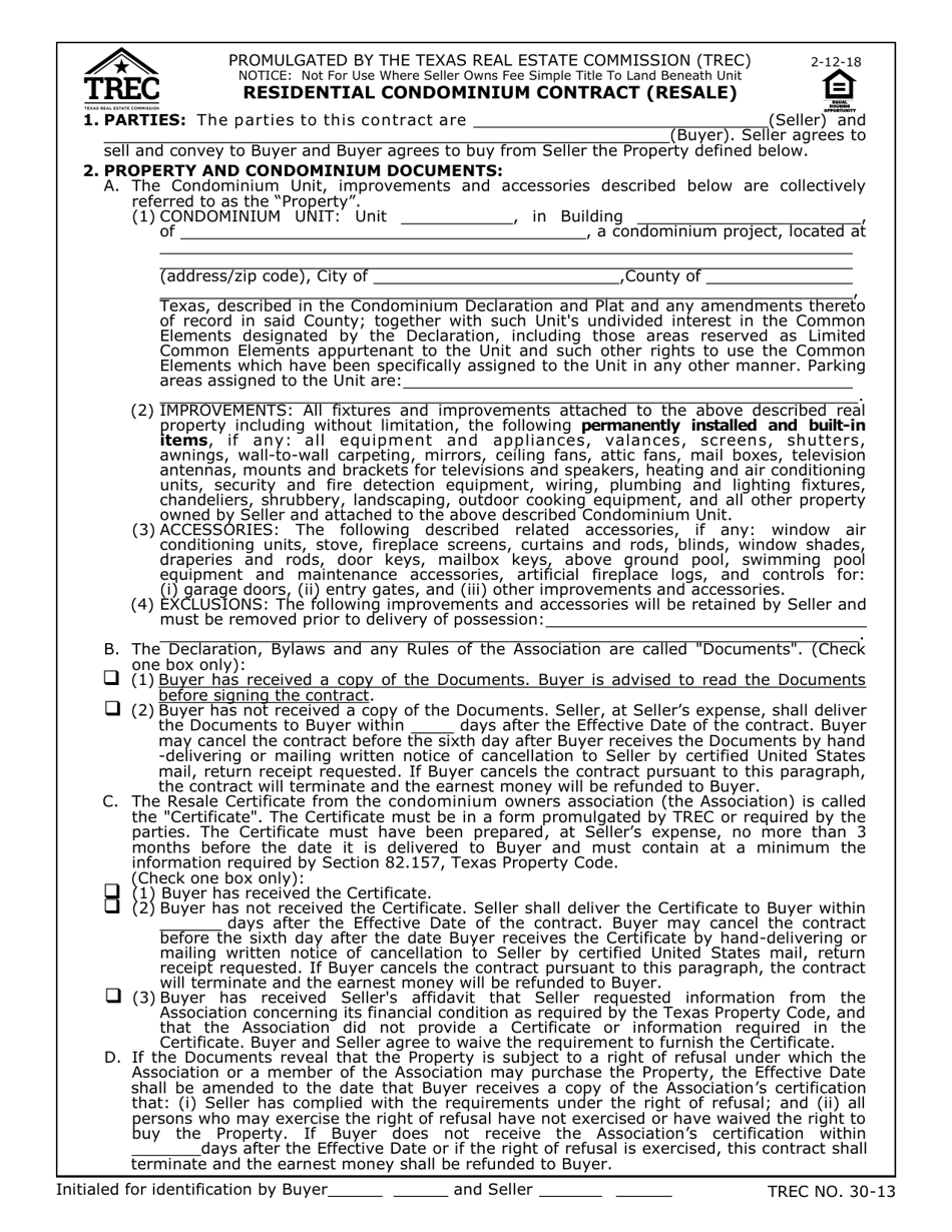 TREC Form 30-13 Residential Condominium Contract (Resale) - Texas, Page 1