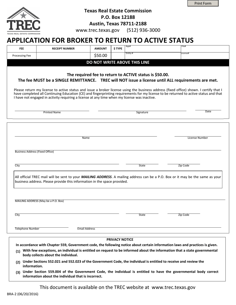 Form BRA-2 Application for Broker to Return to Active Status - Texas, Page 1