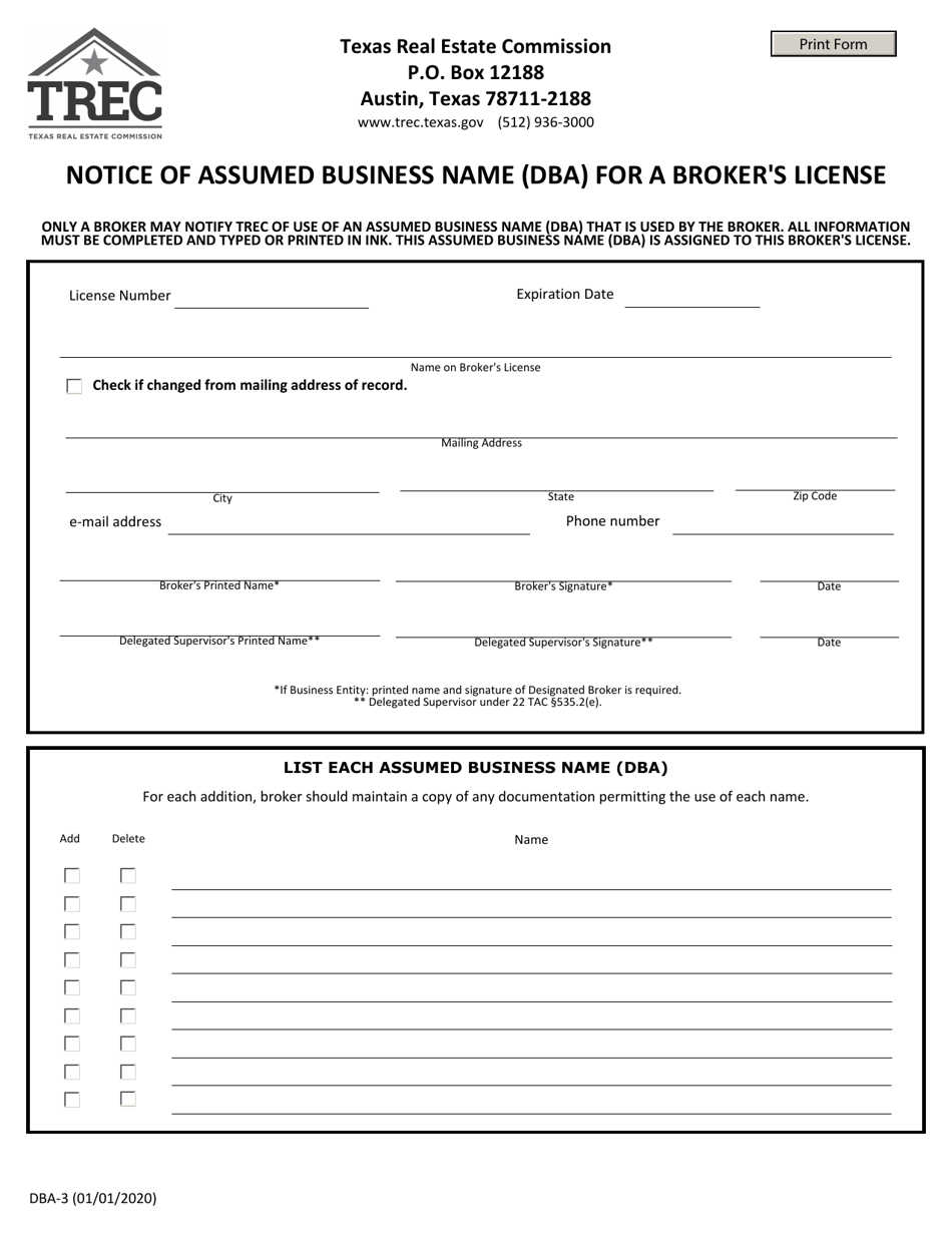 Form DBA-3 Notice of Assumed Business Name (Dba) for a Brokers License - Texas, Page 1