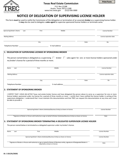 Form DL-2 Notice of Delegation of Supervising License Holder - Texas
