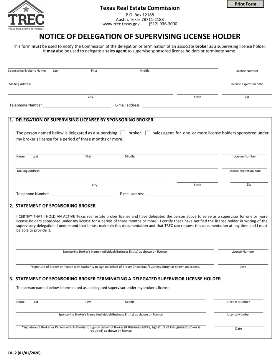 Form DL-2 Notice of Delegation of Supervising License Holder - Texas, Page 1