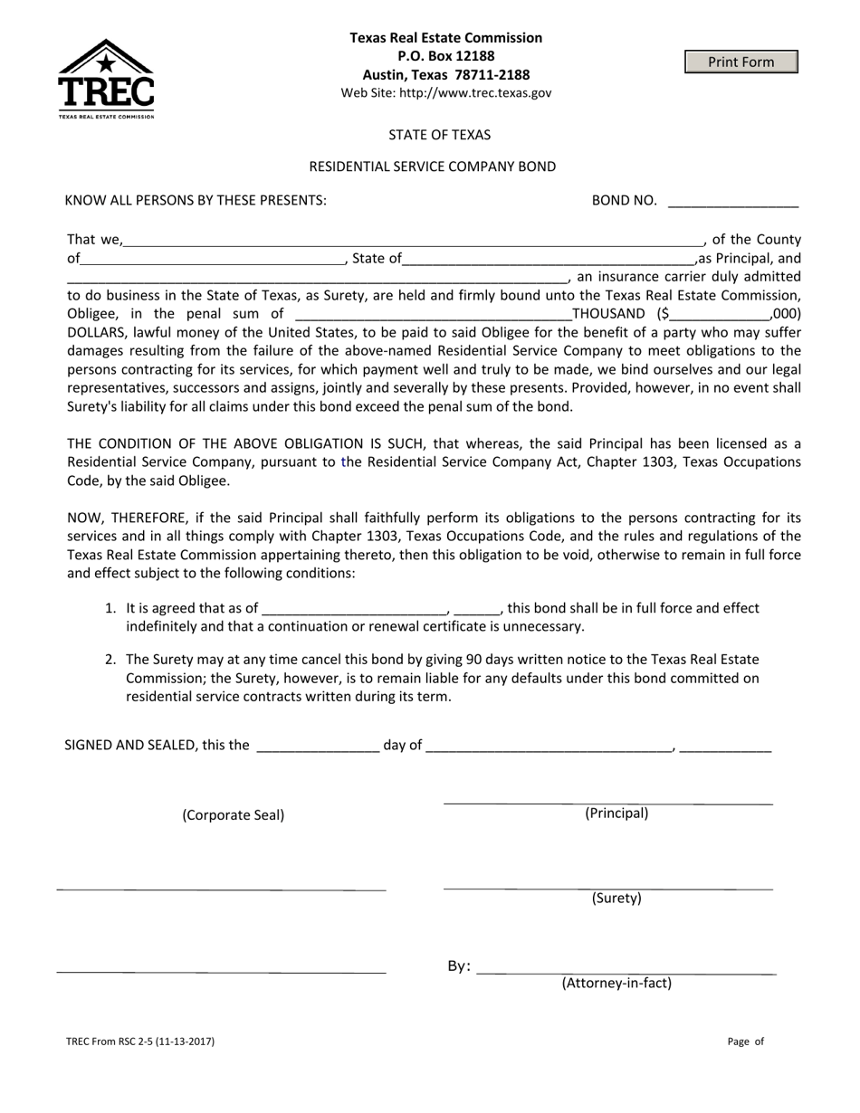 TREC Form RSC2-5 Residential Service Company Bond - Texas, Page 1