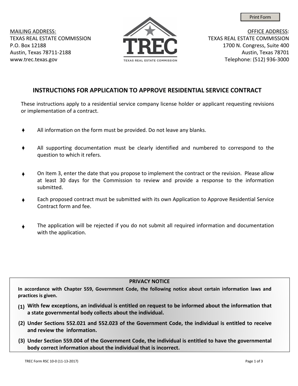 TREC Form RSC10-0 Application to Approve Residential Service Contract - Texas, Page 1
