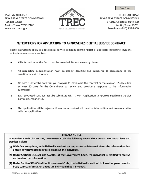 TREC Form RSC10-0 Application to Approve Residential Service Contract - Texas