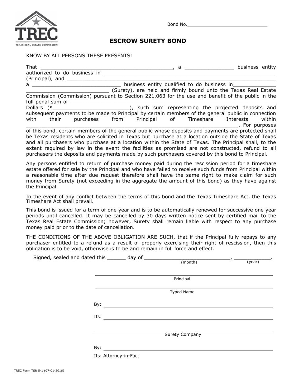 TREC Form TSR5-1 Escrow Surety Bond - Texas, Page 1