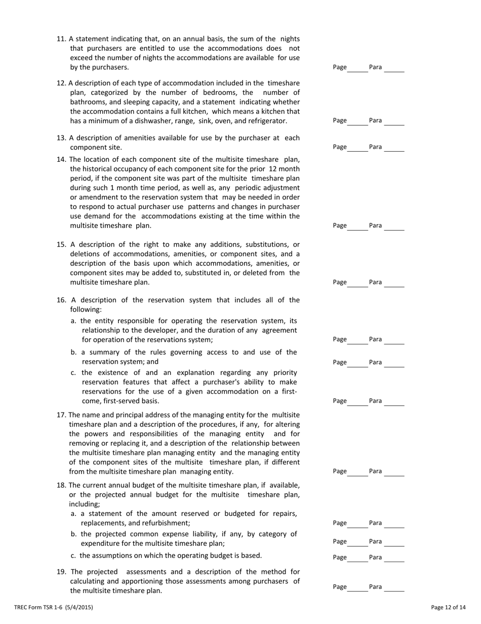 TREC Form TSR1-6 Application to Register a Timeshare Plan - Texas, Page 12
